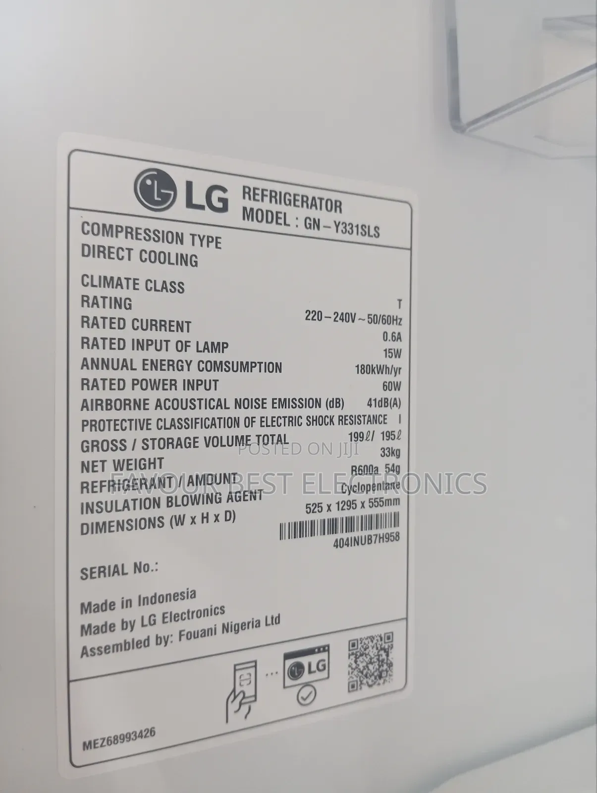 Original LG Smart Inverter Single Door Fridge (199L) 60watts