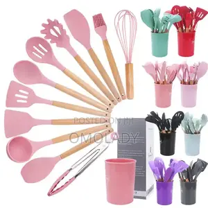 12pcs Silicone Cooking Utensils Set Wooden Handle Spoon
