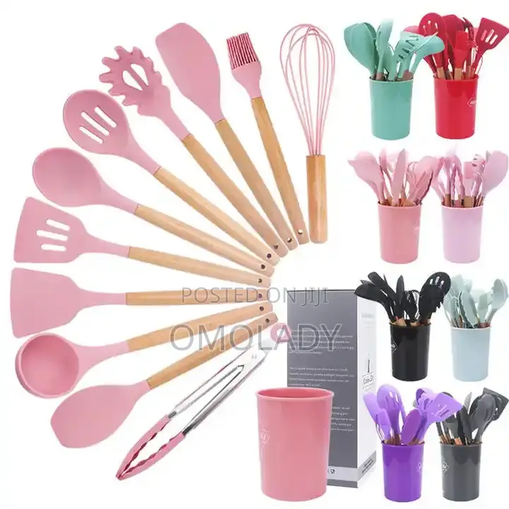 12pcs Silicone Cooking Utensils Set Wooden Handle Spoon