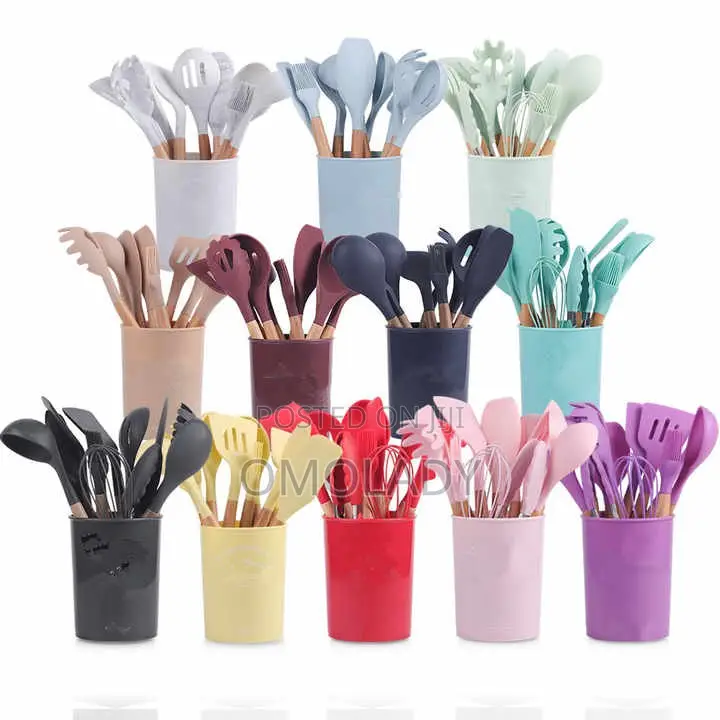 12pcs Silicone Cooking Utensils Set Wooden Handle Spoon