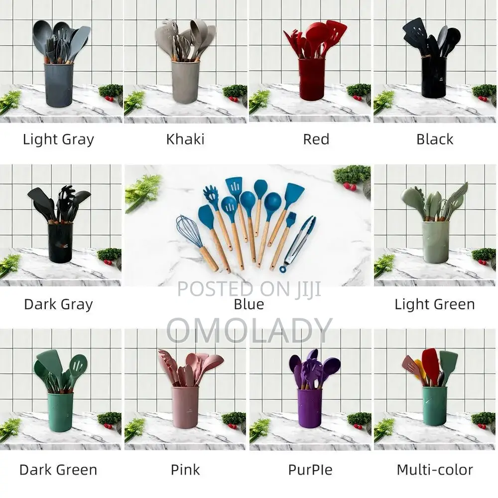12pcs Silicone Cooking Utensils Set Wooden Handle Spoon