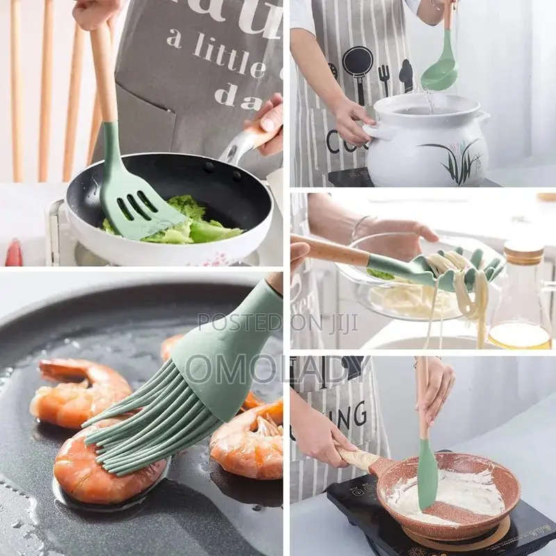 12pcs Silicone Cooking Utensils Set Wooden Handle Spoon