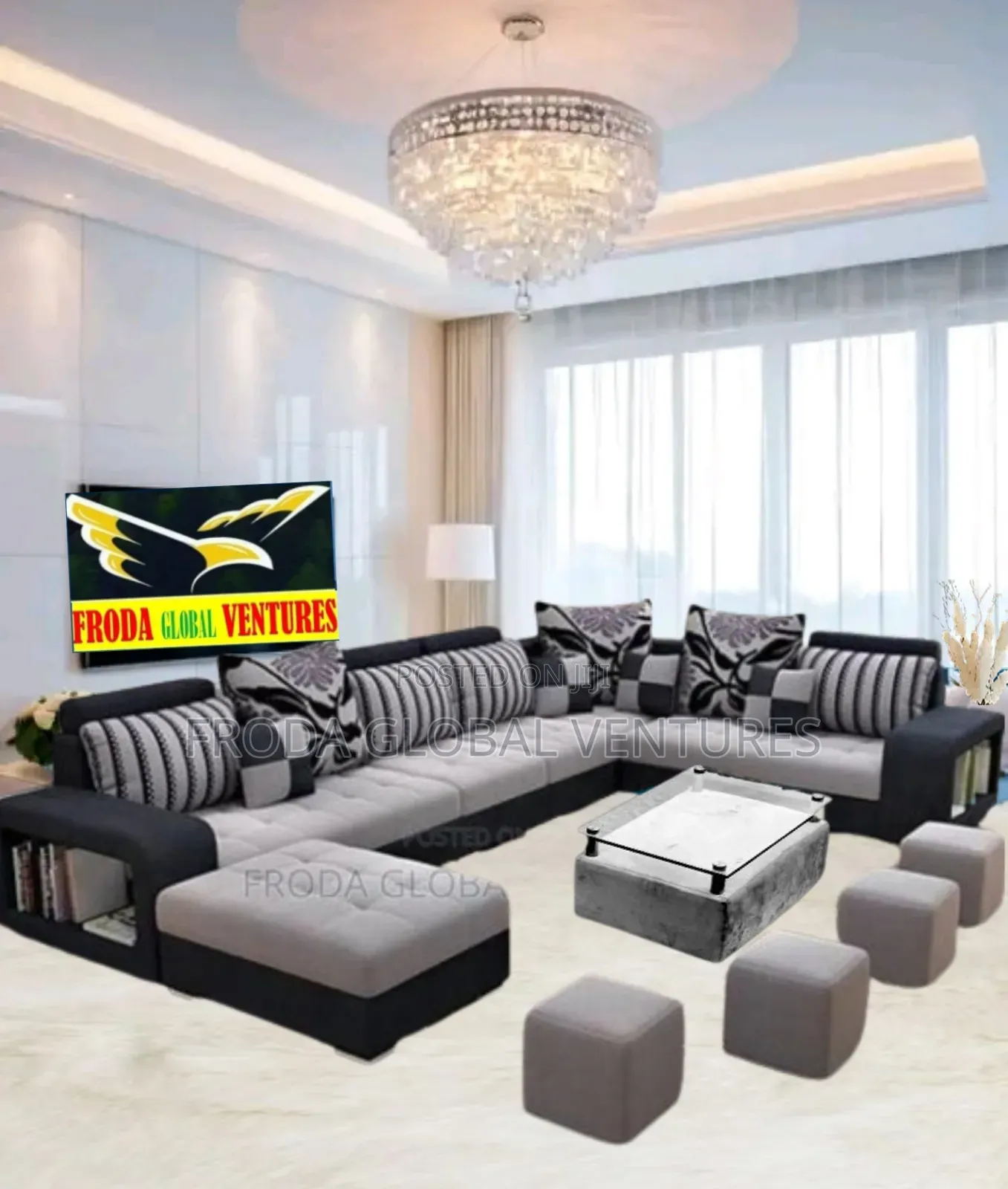 Living Room Couch. U-Shape Sofa Chairs, Table, Stools