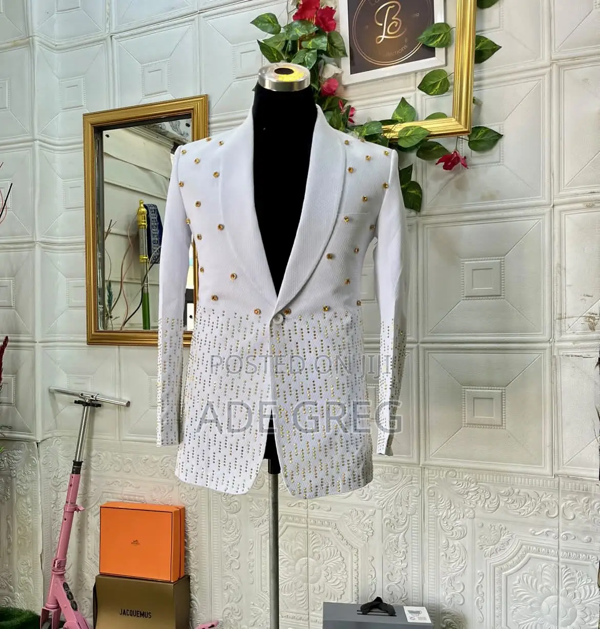 Luxurious White 2piece(With Pants) Gold Studded Tuxedo Suit