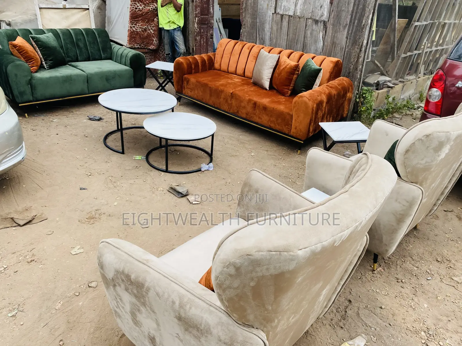 Channel Back Sofa With Center Table and Stools