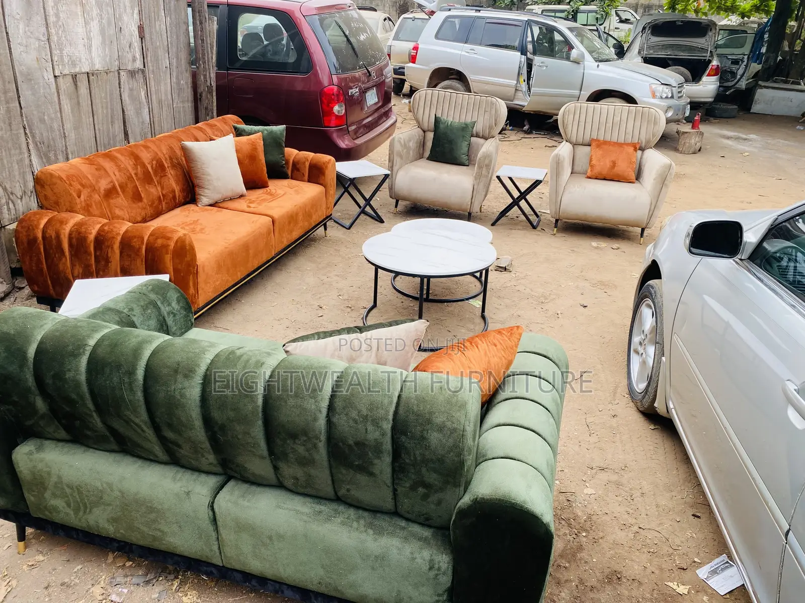 Channel Back Sofa With Center Table and Stools