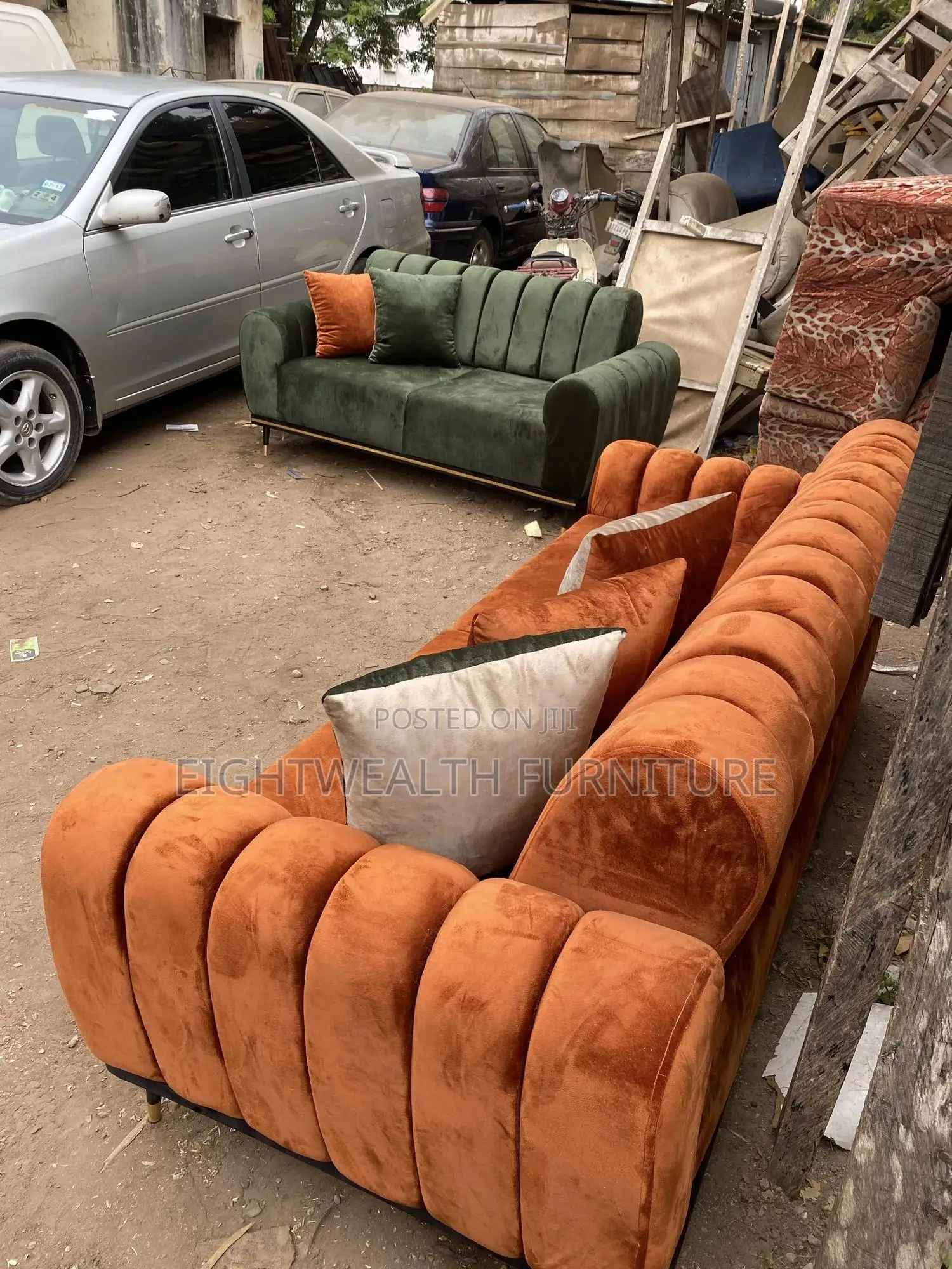 Channel Back Sofa With Center Table and Stools