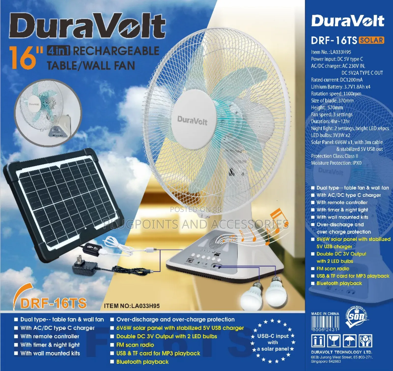 16" Duravolt Wall/Table Rechargeable Fan 6w Solar Panel MP3