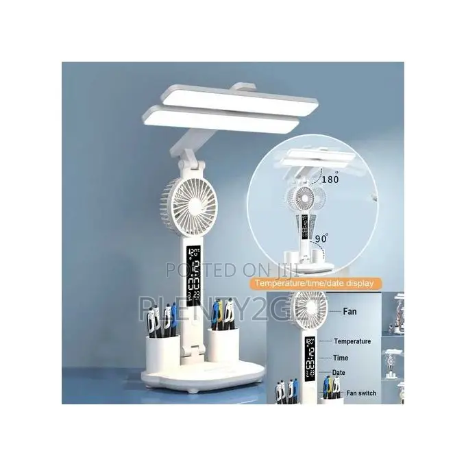 4-in-1 Foldable Table Lamp Fan Clock Pen Holder