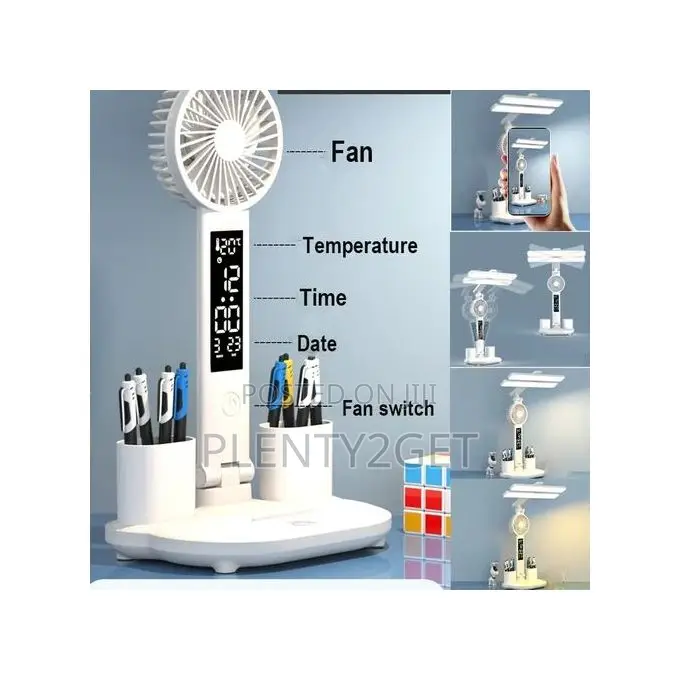 4-in-1 Foldable Table Lamp Fan Clock Pen Holder
