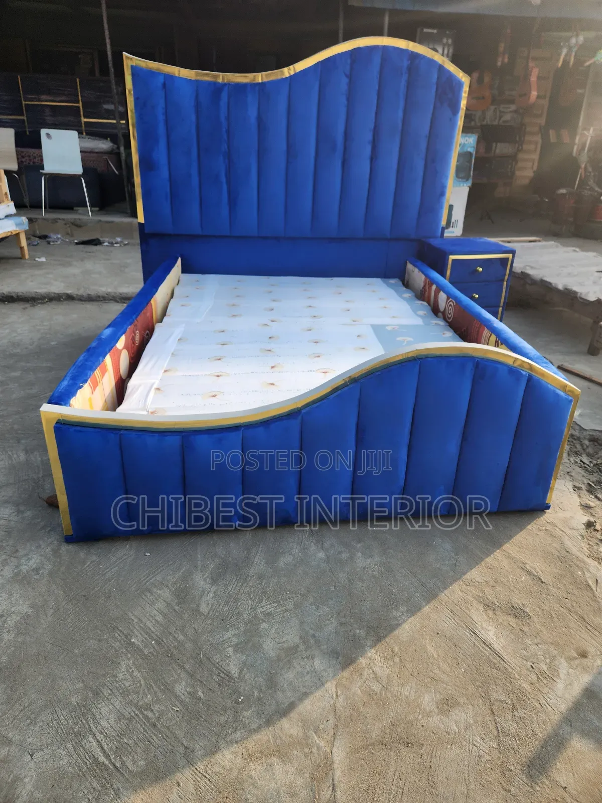 Blue Padded 4.5by6 Bed Frame With Side Drawer