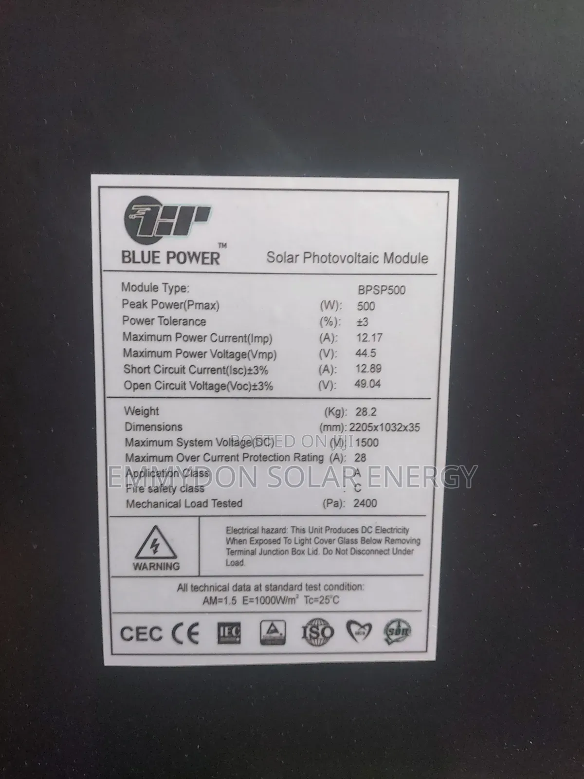 Blue Power 500watt All Black Solar Mono Panel