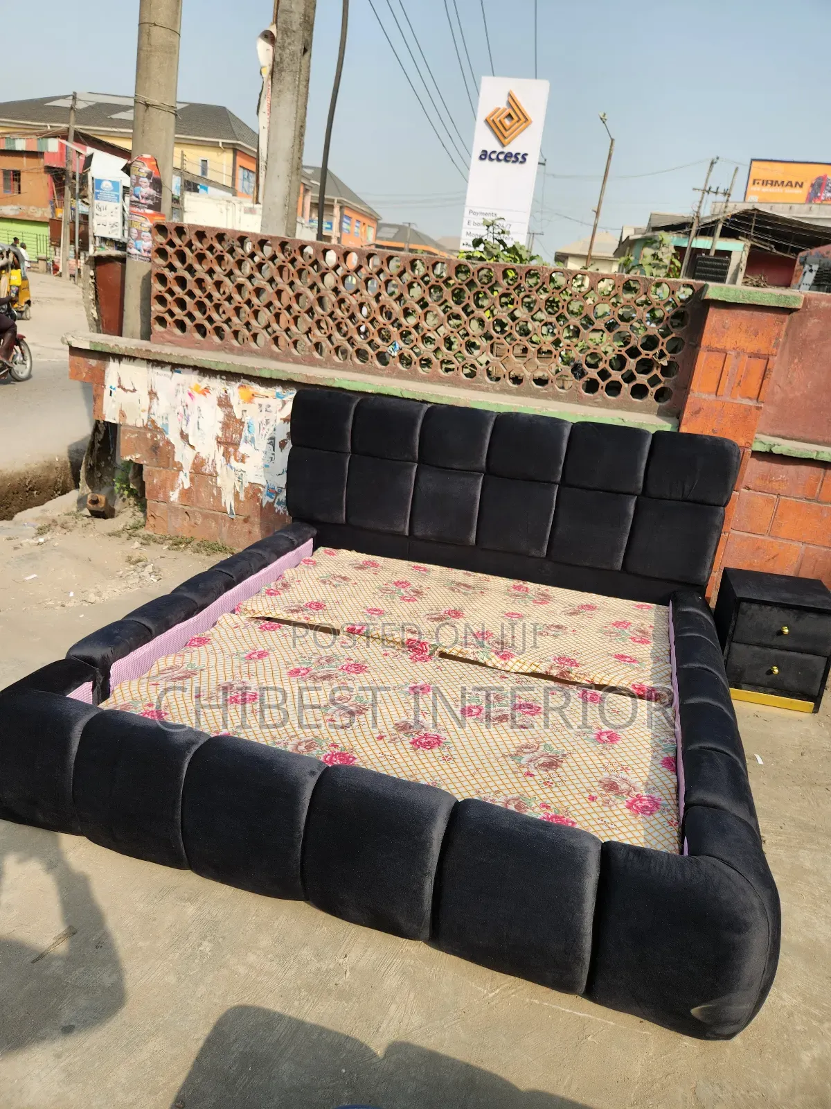 Black Padded 6by6 Bed Frame With One Bed Side.