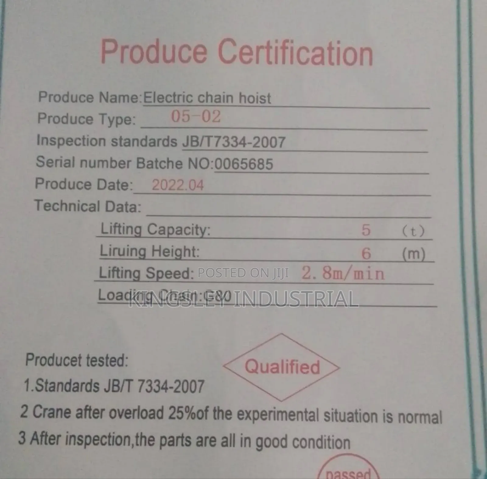 Electric Chain Hoist 5t-2-6miters