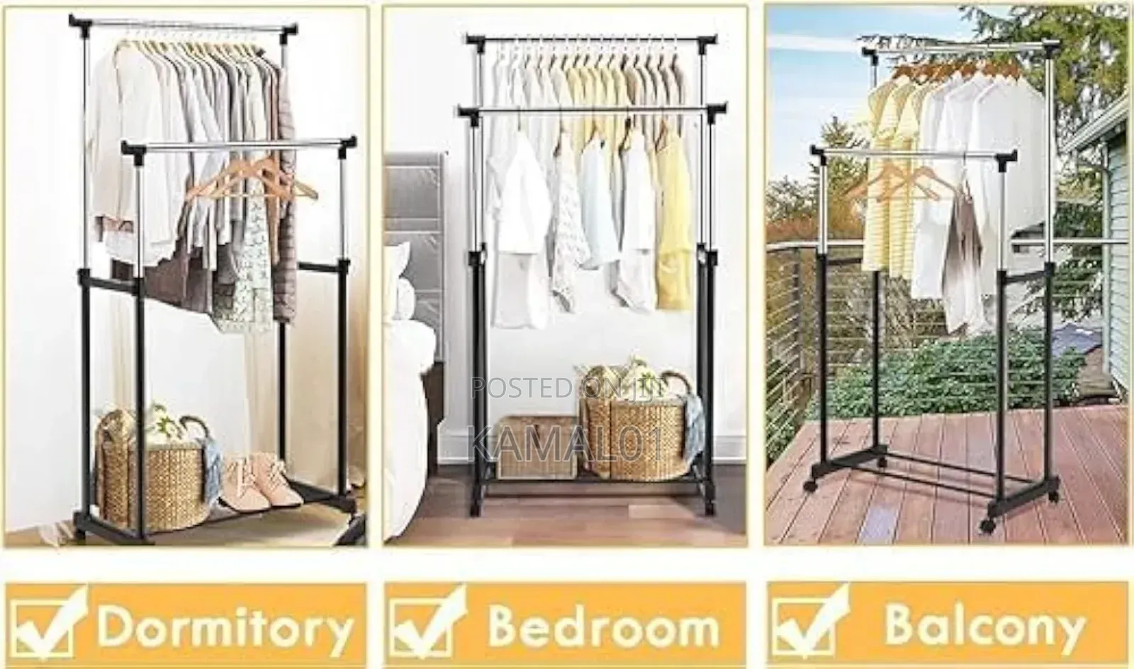 Stainless Steel Double Pole Rail Movable Cloth Rack