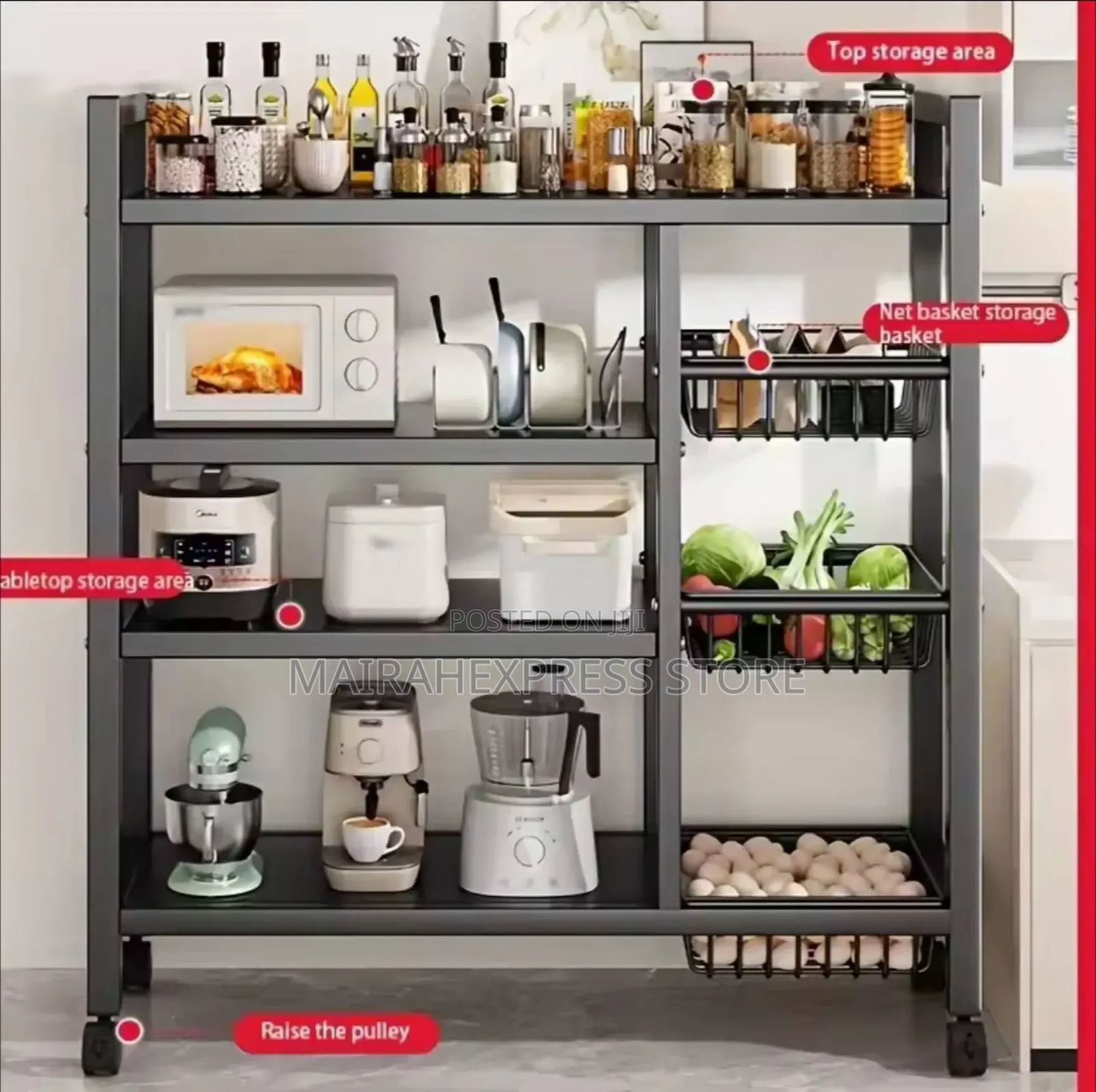 4-Storey Kitchen Shelf With 3 Wire Baskets Organizer