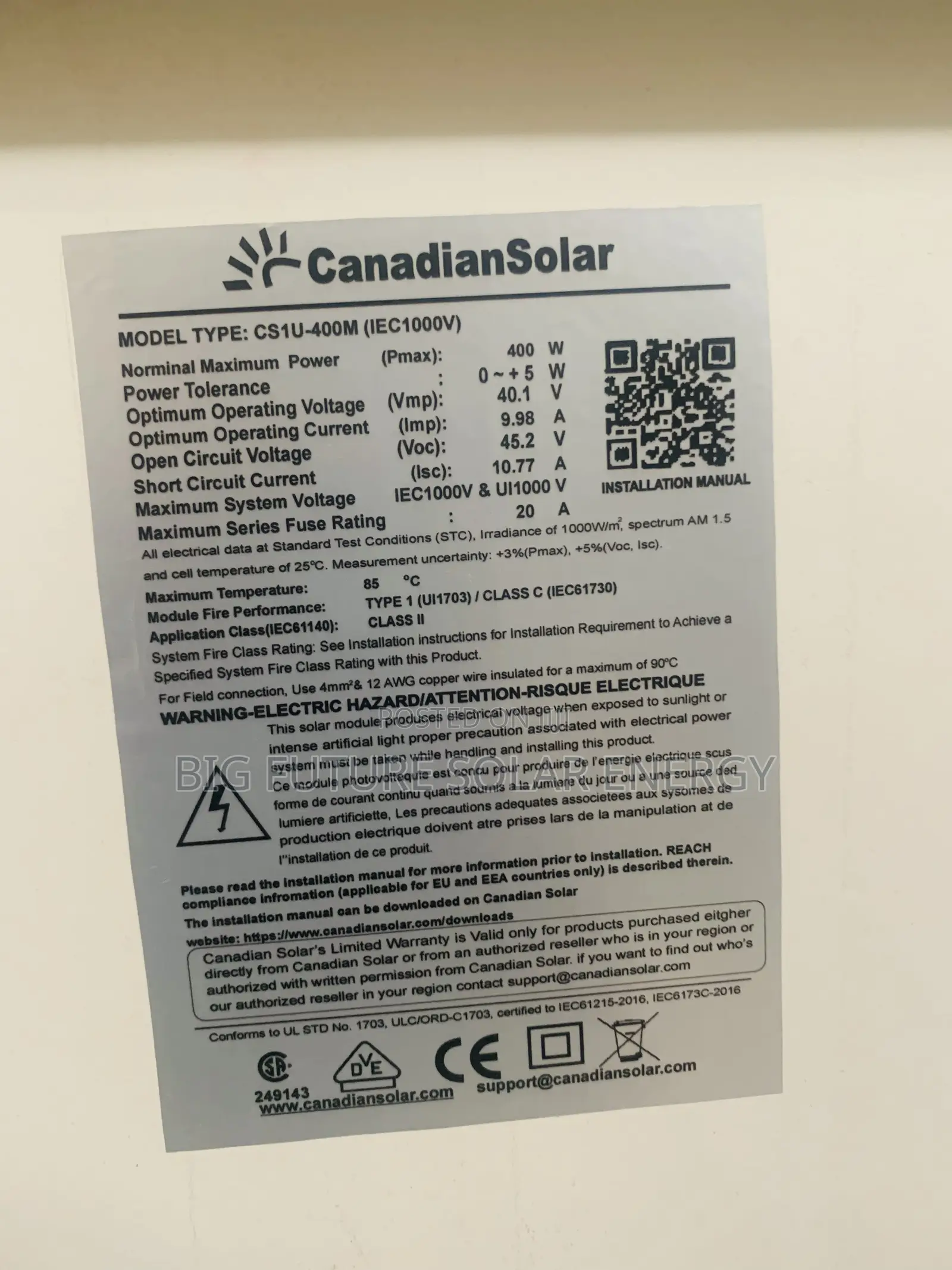 400w Canadian Solar Panel 60c