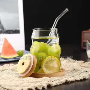 Wavy Glass Bottle With Straw With Bamboo Cover