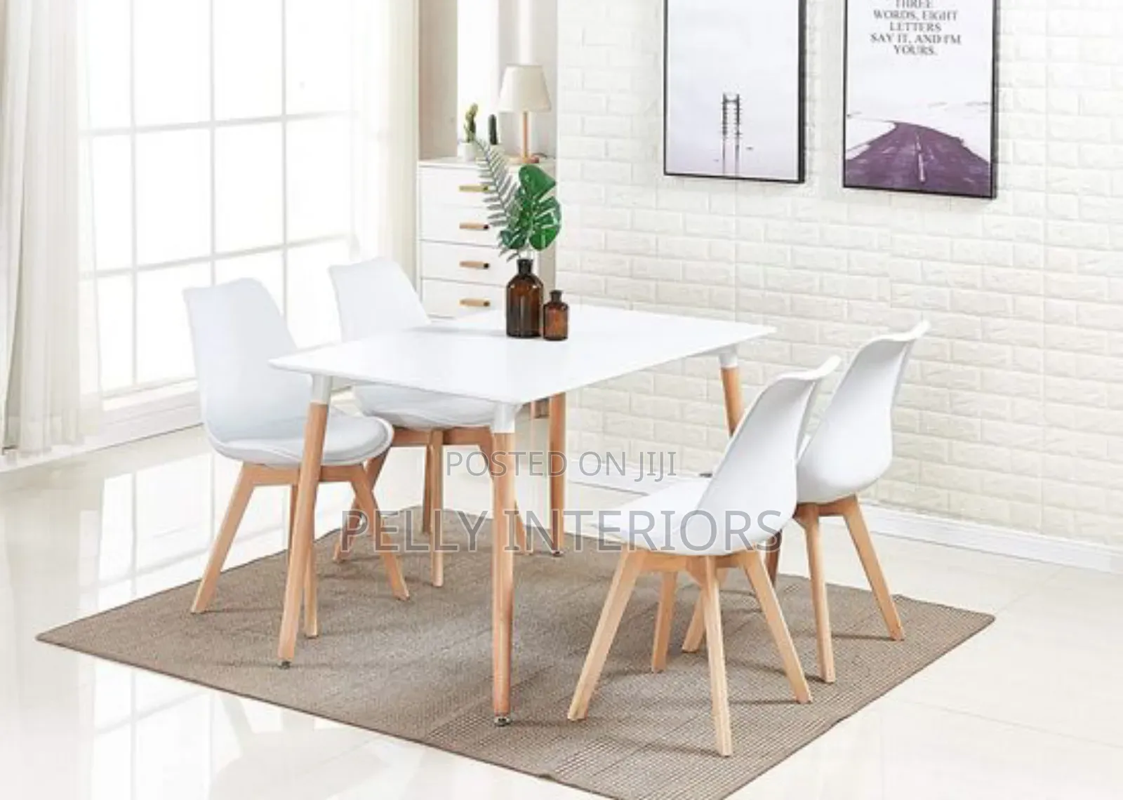 Rectangle Dinning Table and 4 Padded Chairs-White