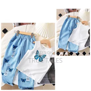 Girl's Blue and White Butterfly Top and Trousers Set