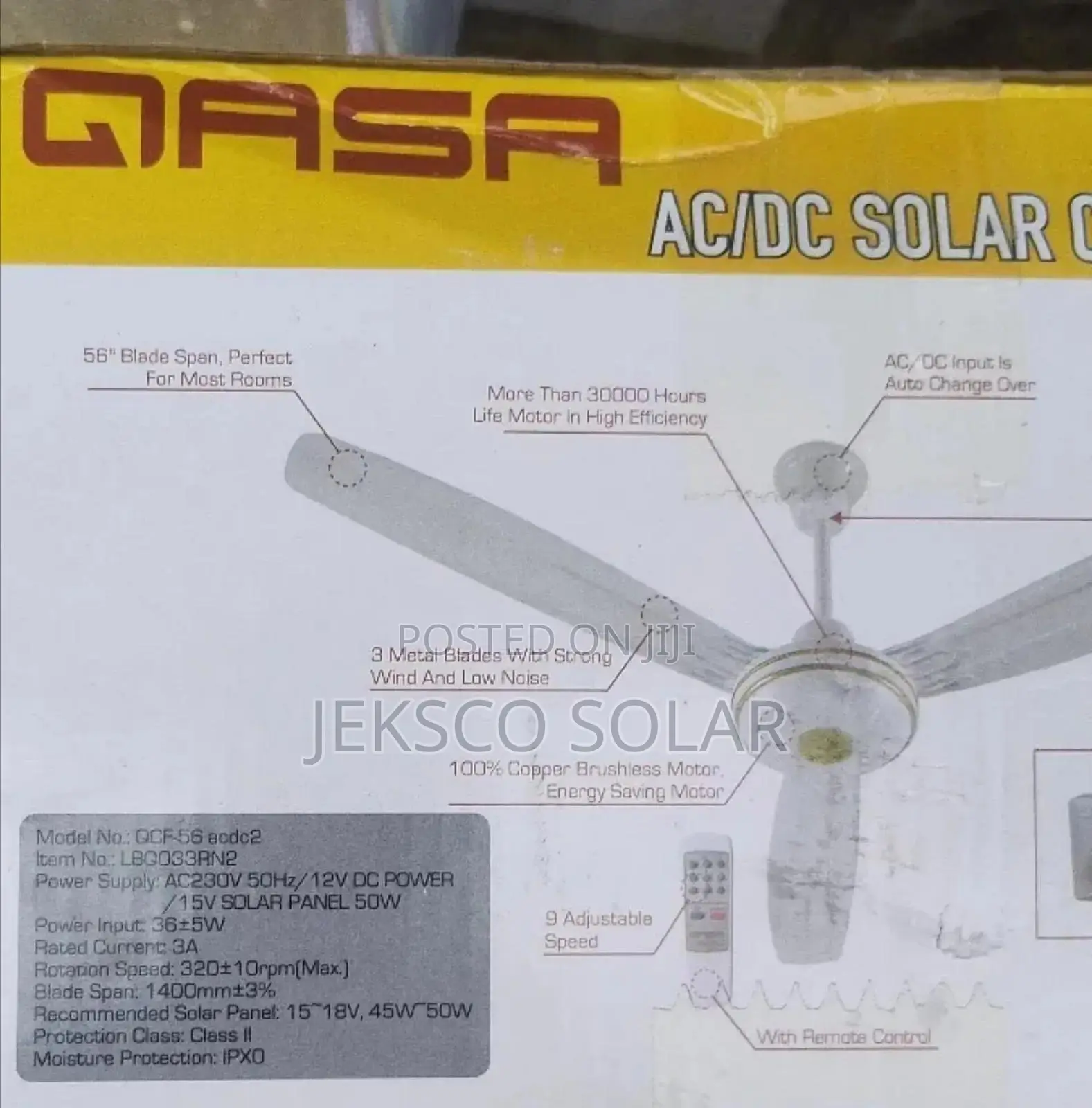 Qasa AC/DC Solar Ceiling Fan, 56 Inches. - Jeksco Solar Price: ₦ 60,000 ...