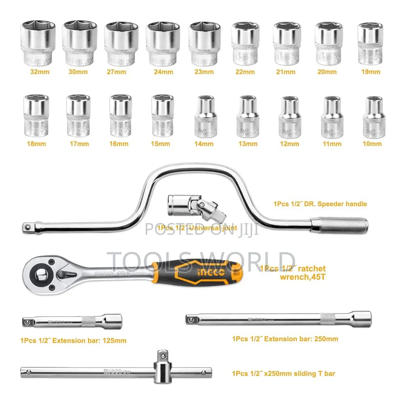 24pcs 1/2" Socket Set, 1/2" CRV DR