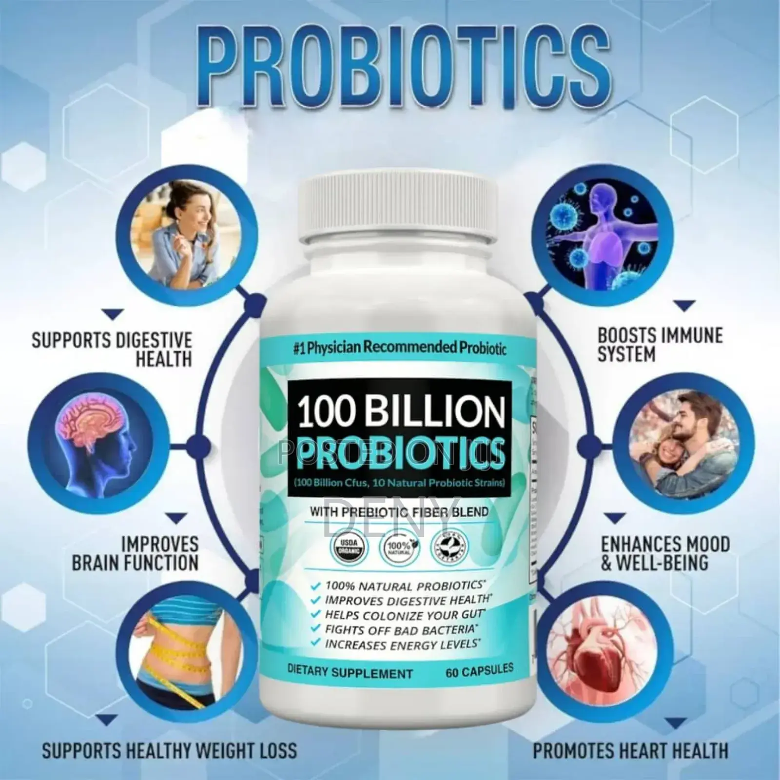 100 Billion / 10 Strains Probiotics 60 Caps.