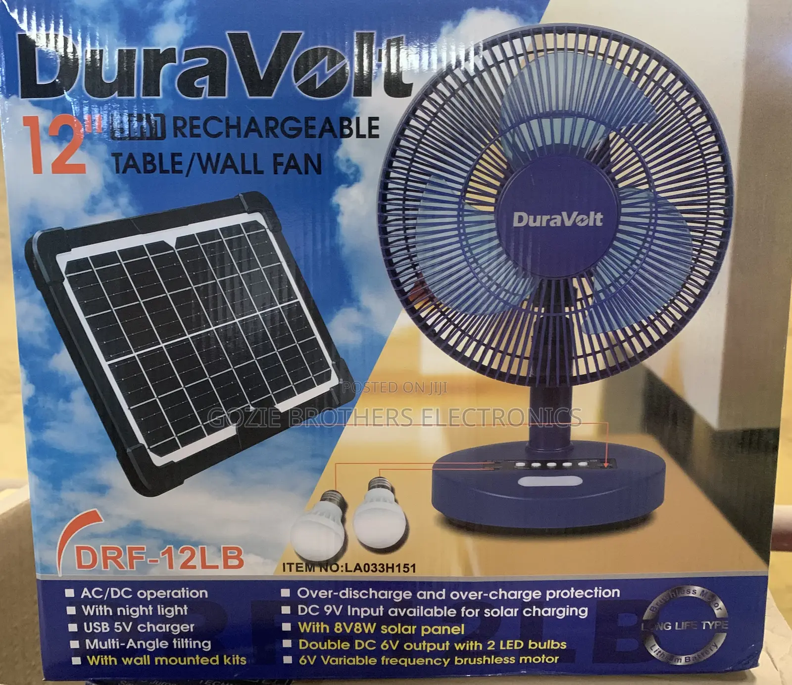 Duravolt 12 Inches Rechargeable Fan With 2bulbs and Panel