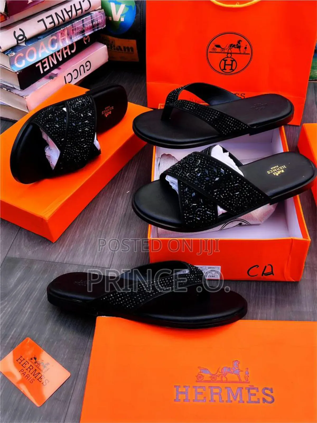 Stoned Black Hermes Slippers
