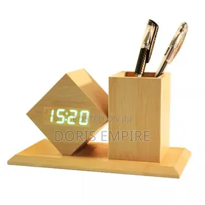 LED Alarm Clock Wooden Pen Holder With Voice Control