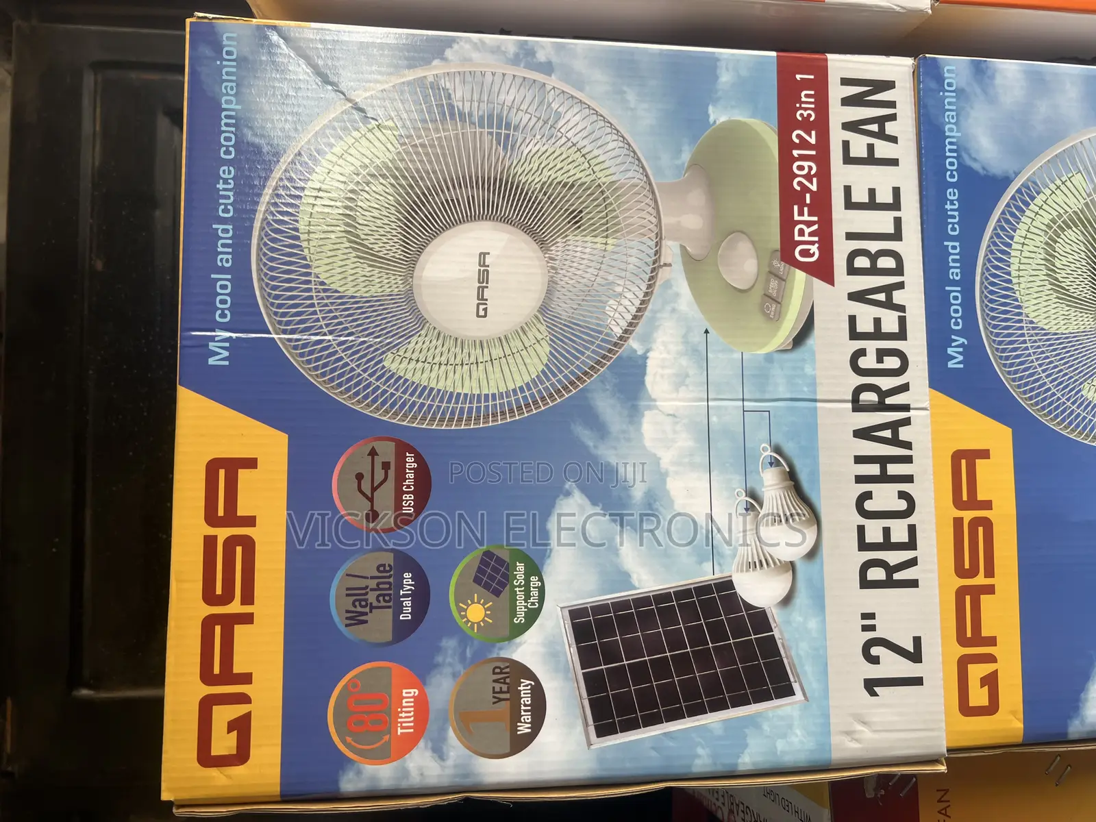 QASA 12” Rechargeable Fan With Panel and 2bulbs