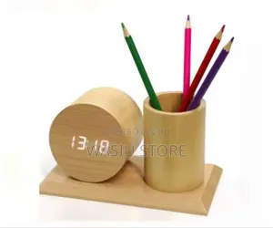Wooden Digital Clock and Pen Holder (Round Shape)