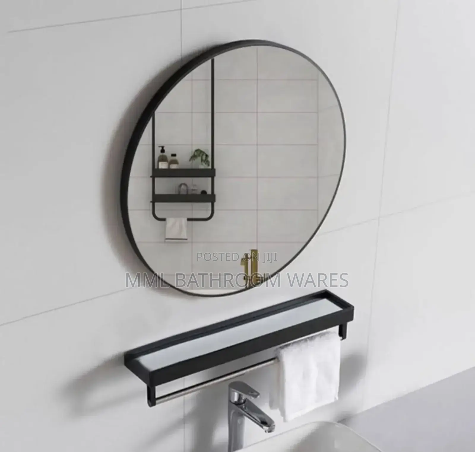 Black Frame Round Mirror With Shelf