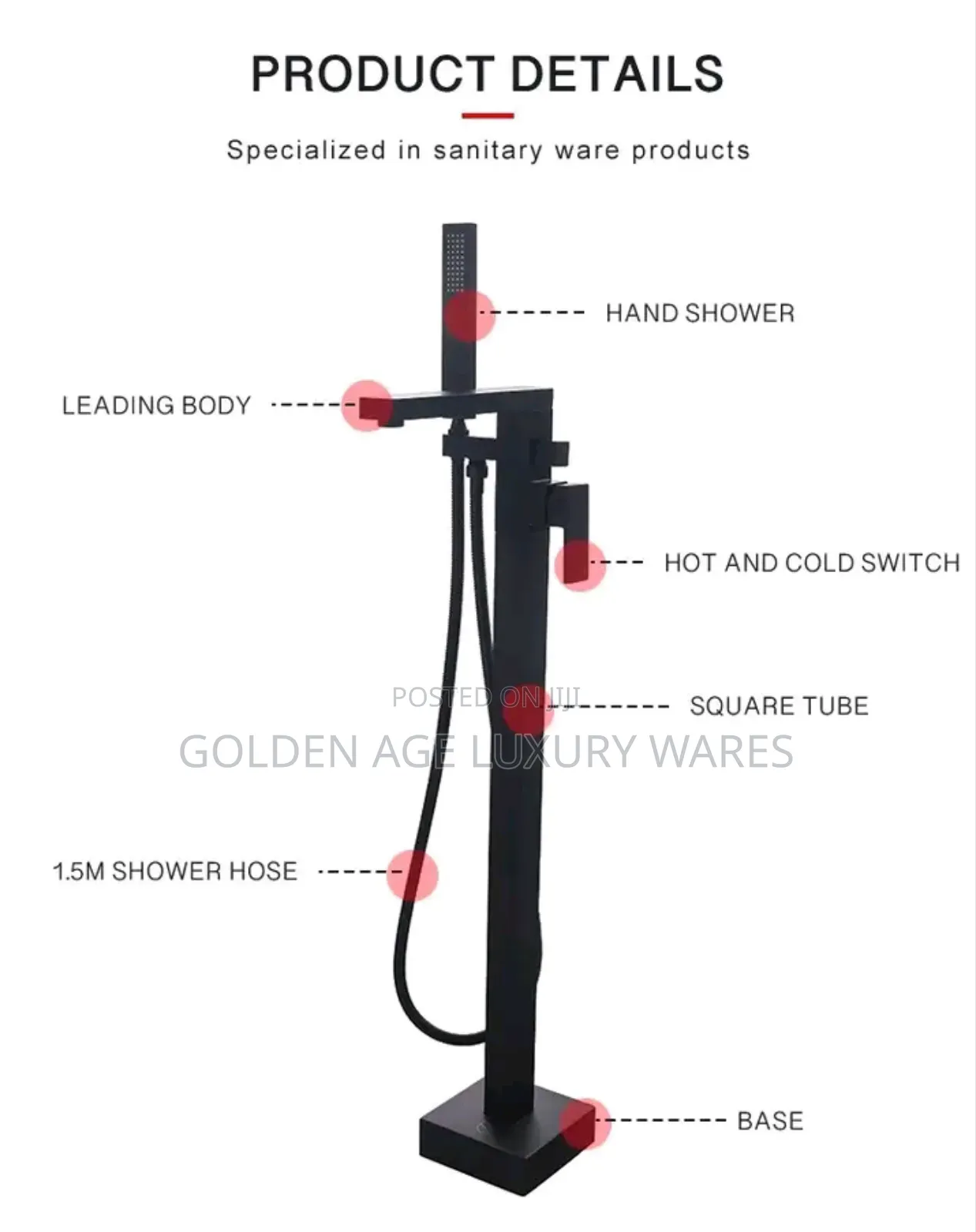 Square Free Standing Bathtub Mixer Black