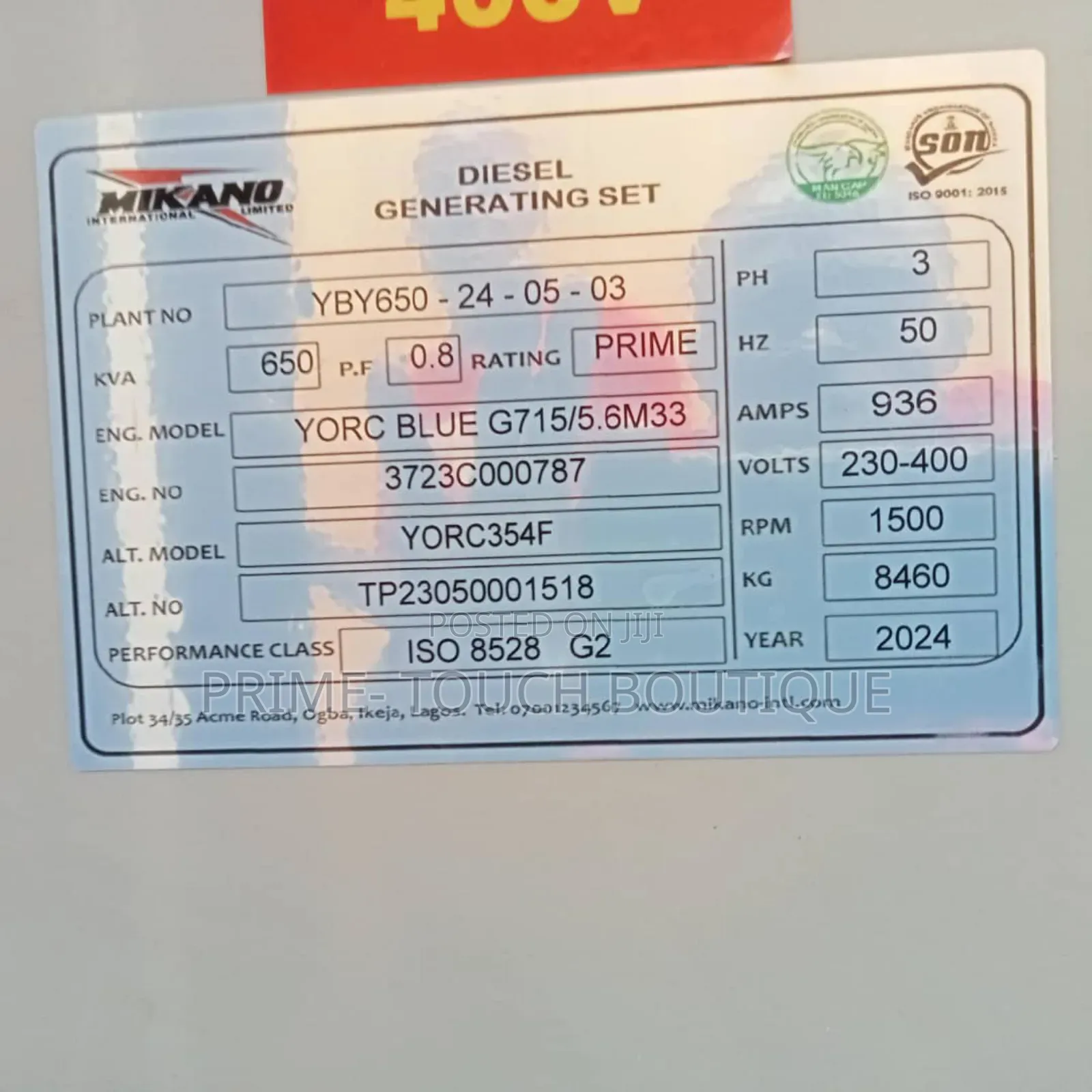 Mikano 650 KVA Generator.