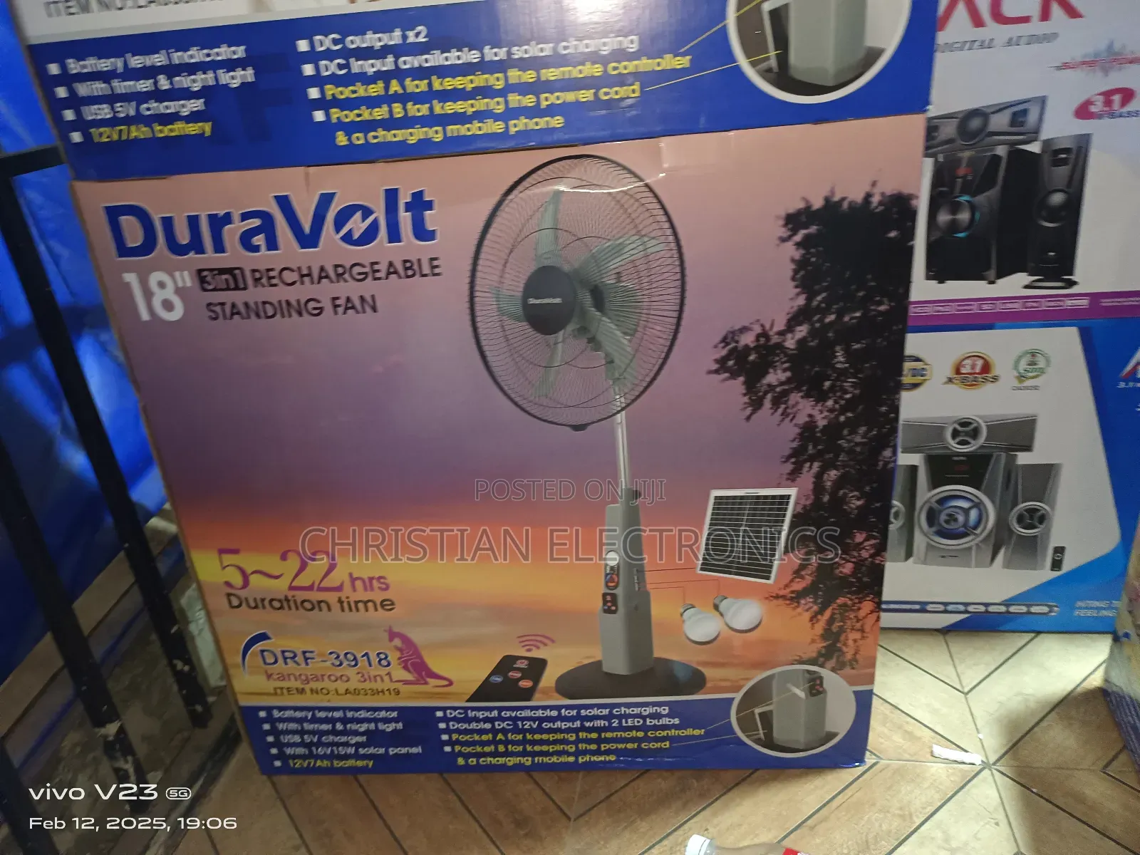 Duravolt 18" 3in1 Rechargeable Fan With Solar Panel