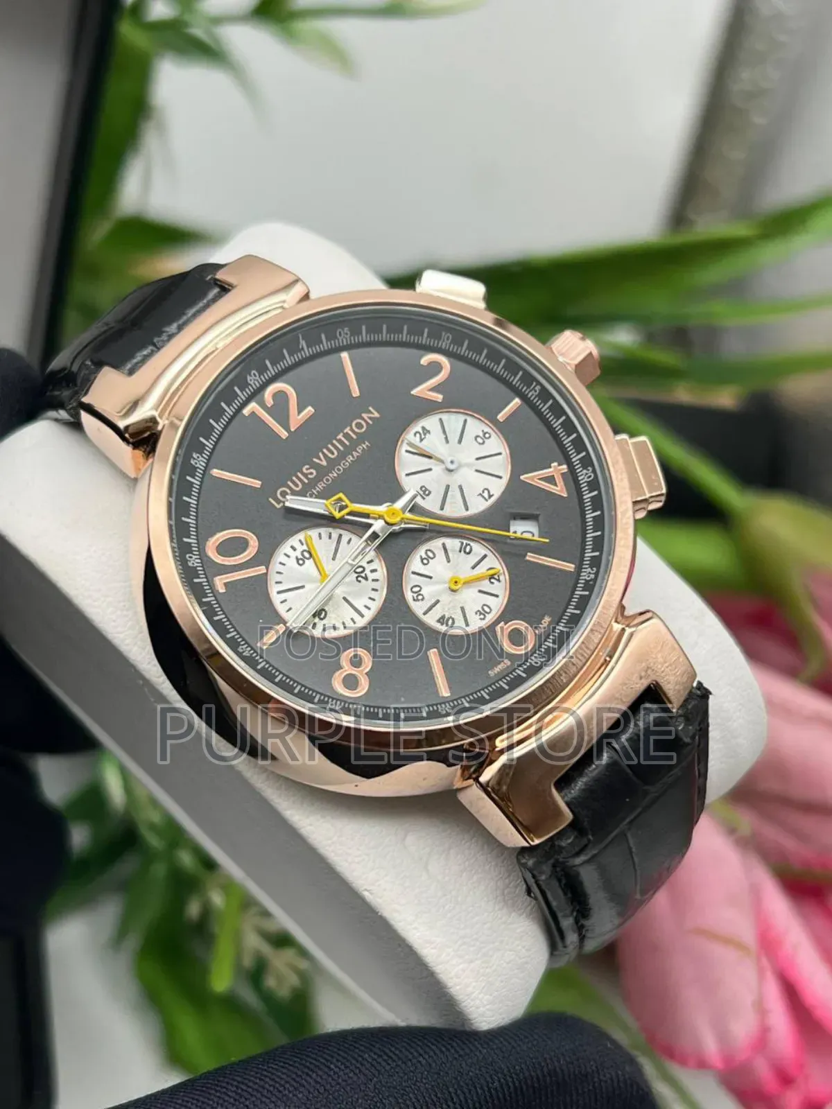 Louis Vuitton Black Leather☆Functional~Chronograph Dated