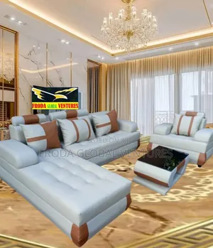 Simple Classic L-Shape Leather Couch, Single Chair and Table
