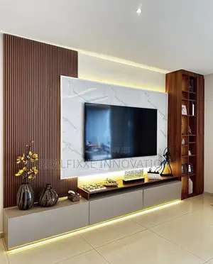 Contemporary TV Console and Fluted Panels and LED Lighting