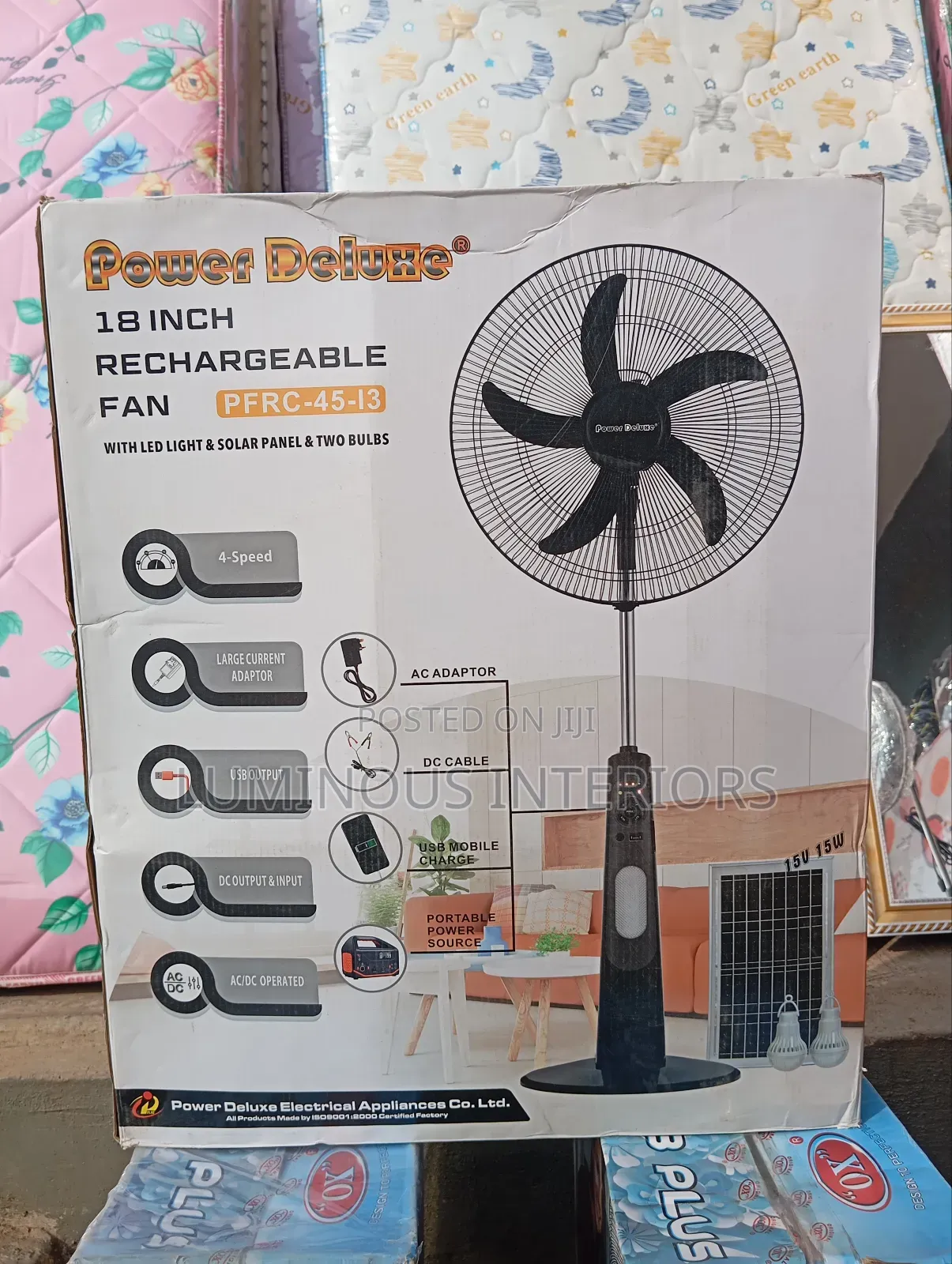 Rechargeable Fan 18"With Led Light, Solar Panel Two Bulbs