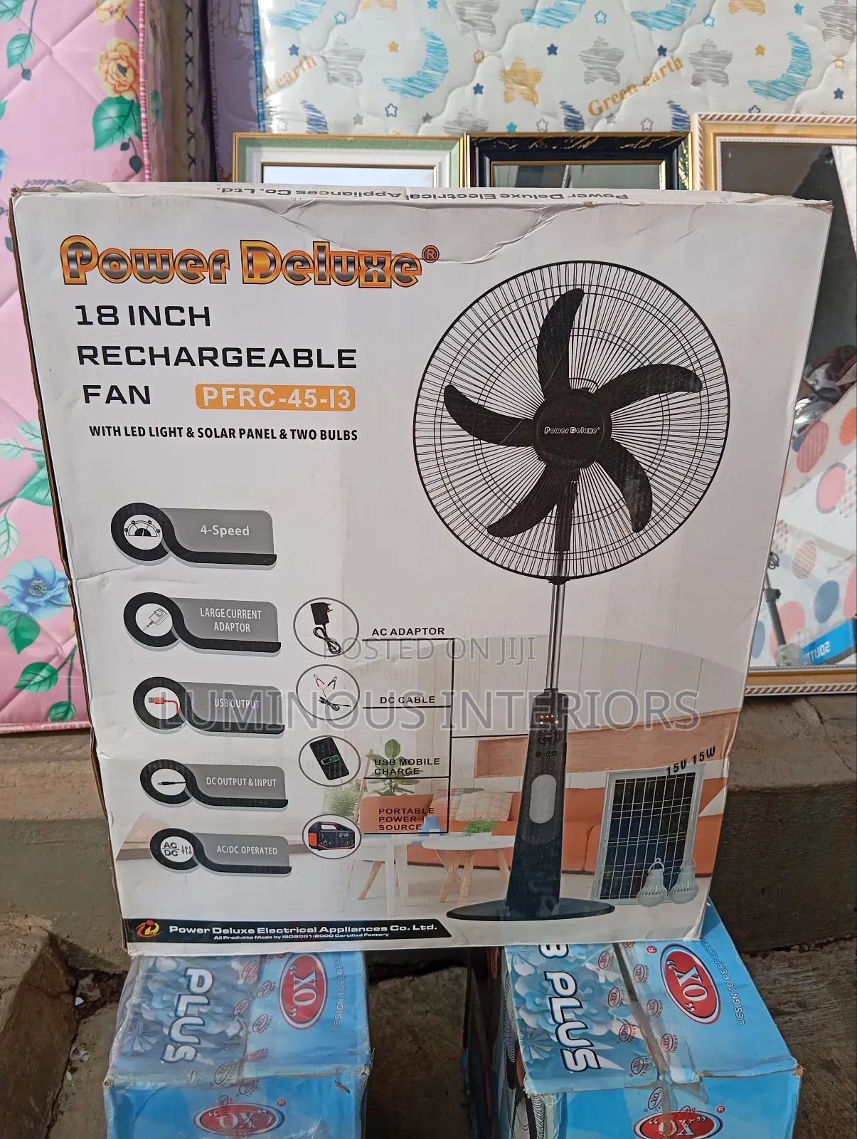 Rechargeable Fan 18"With Led Light, Solar Panel Two Bulbs