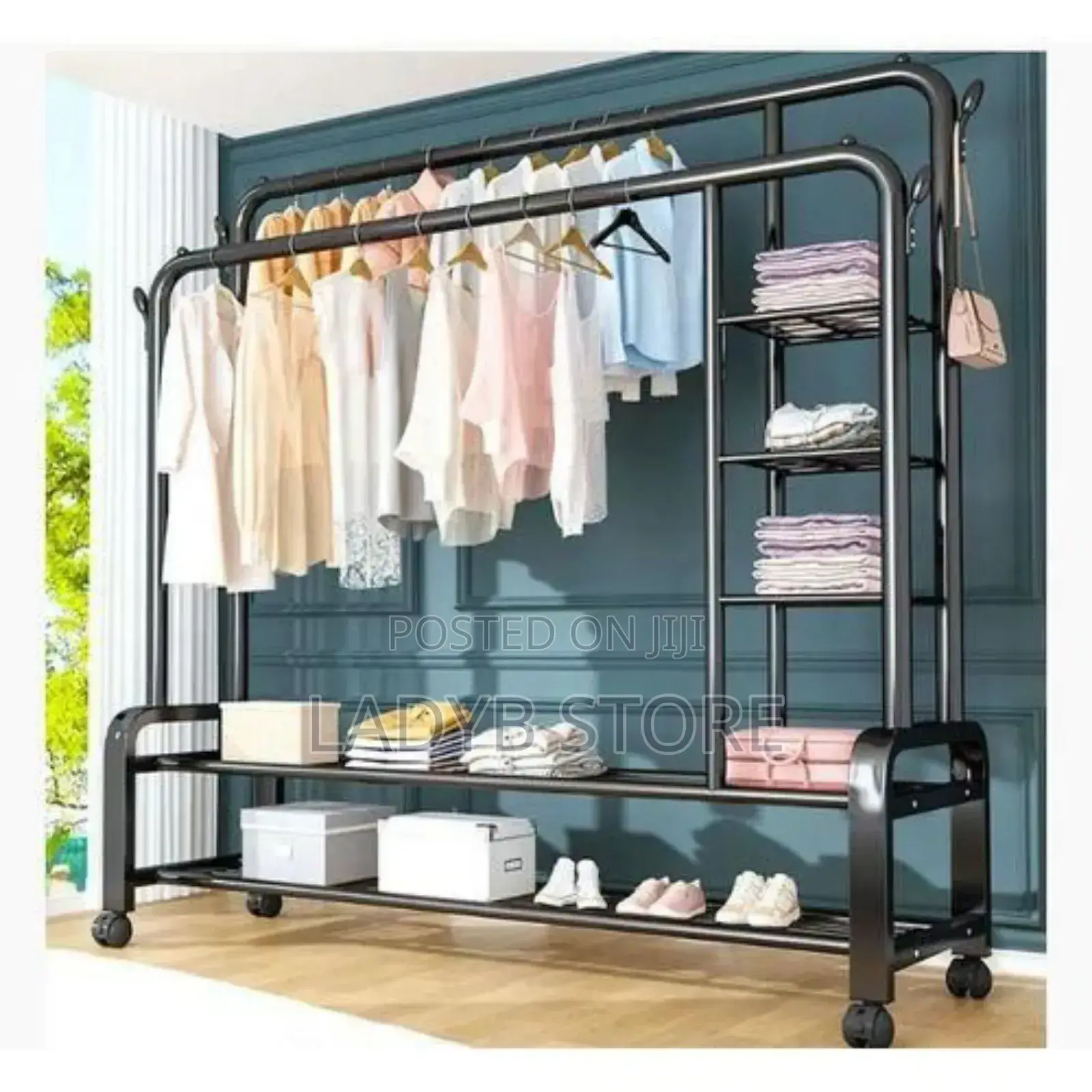 Double Layer Cloth Rack With Shelf