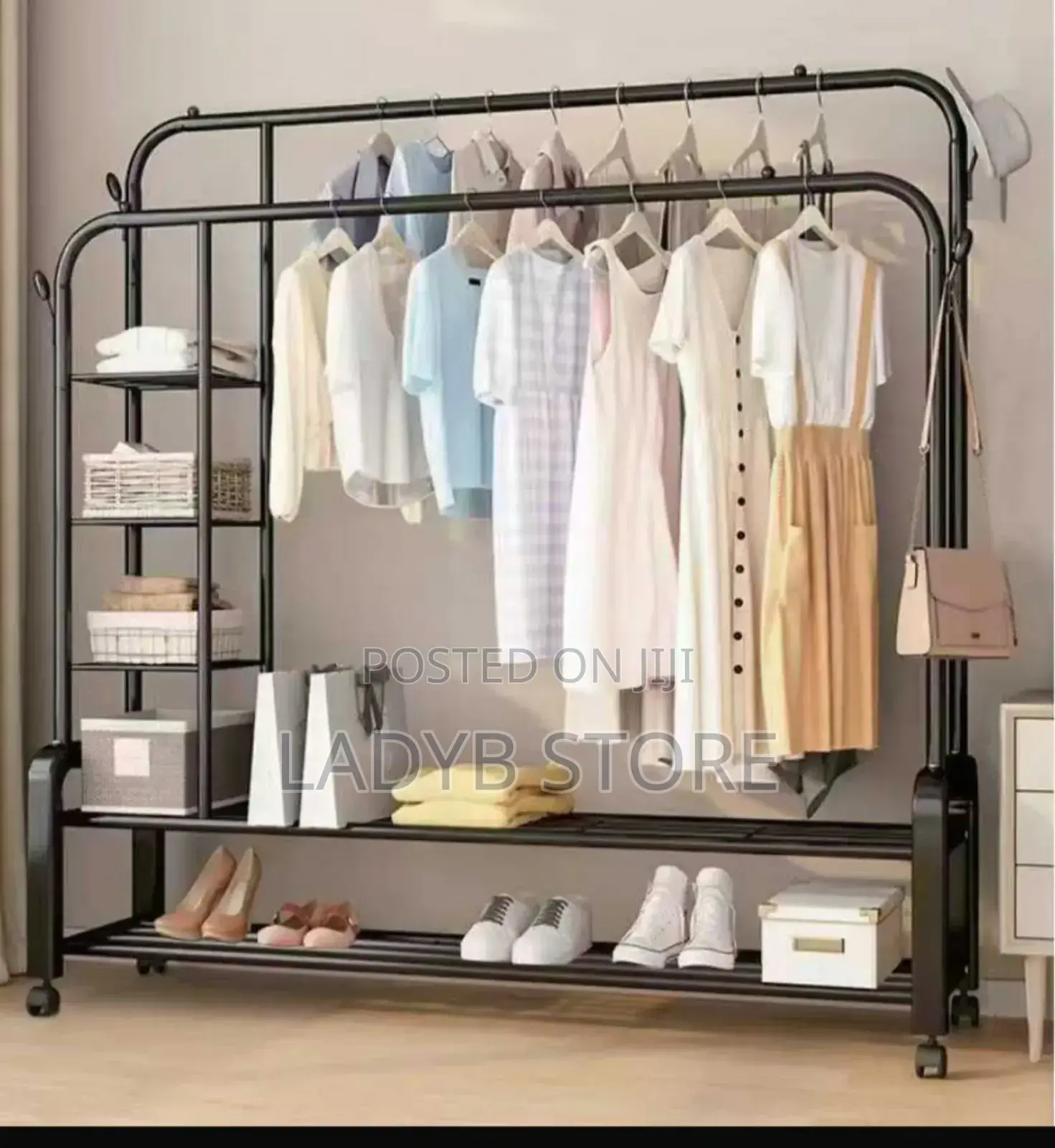 Double Layer Cloth Rack With Shelf