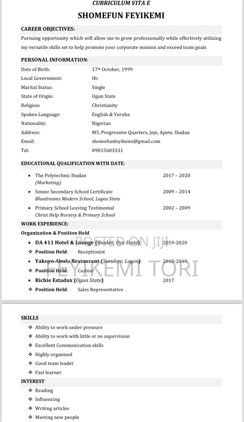 Housekeeping Cleaning CV