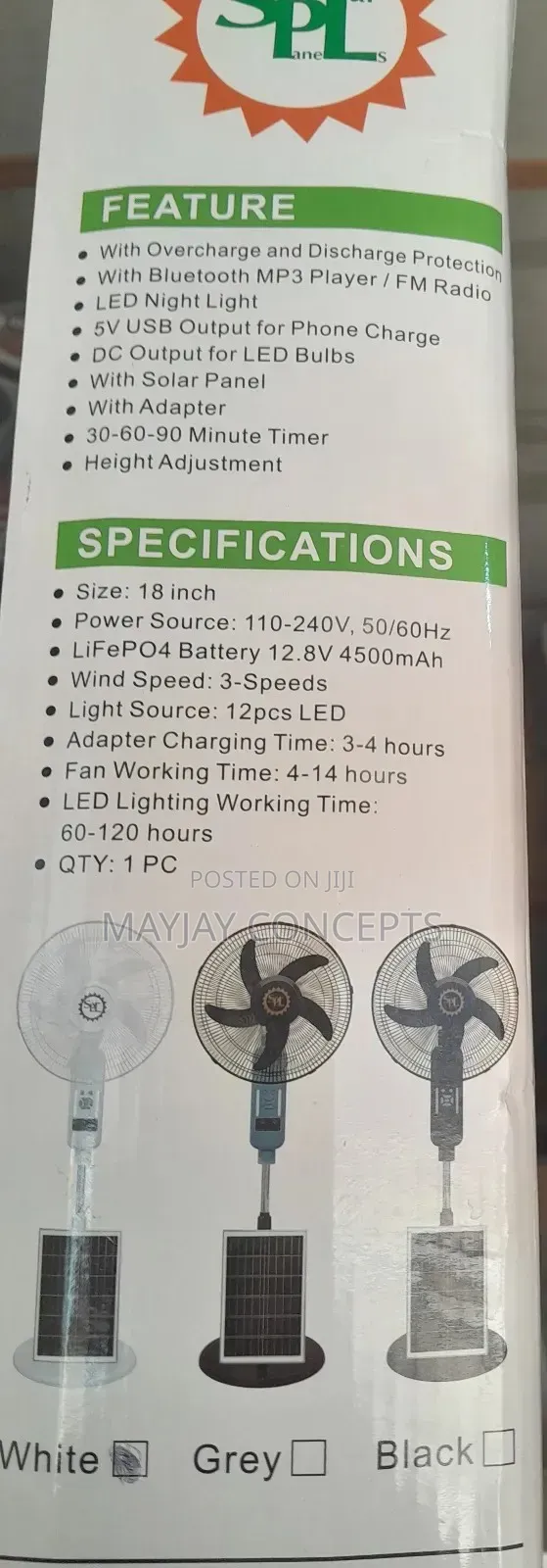 SPL 18-Inch Solar Rechargeable Fan With Panel+Mp3+4-Bulbs