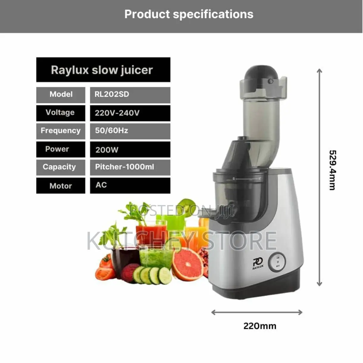 Raylux Cold-Press Slow-Masticating Juicer With Ac Motor