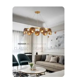Photo - Nordic Smoke Grey/Gold Glass Pendant Light Living Room Light