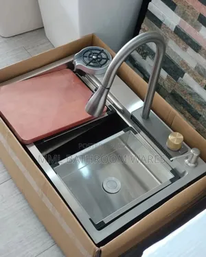 Modern Silver Kitchen Sinks With Waterfall Pullout Faucets