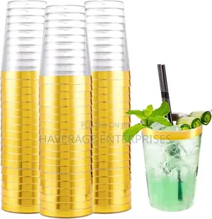 10 Oz Clear Plastic Cups Gold Rimmed Disposable Wine 100pces