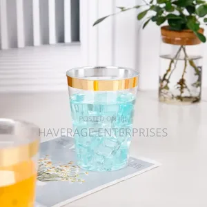 10 Oz Clear Plastic Cups Gold Rimmed Disposable Wine 100pces